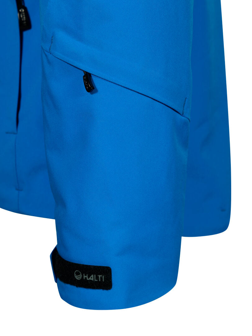 Close-up of Halti Vertica DX Men's Ski Jacket sleeve showing breathable fabric, zippered pocket, and Velcro cuff strap.