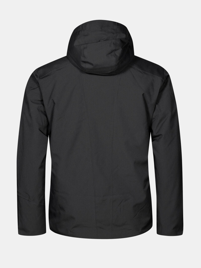 Back view of a black Halti Vertica DX Ski Jacket Men’s featuring a waterproof hood and PrimaLoft insulation.
