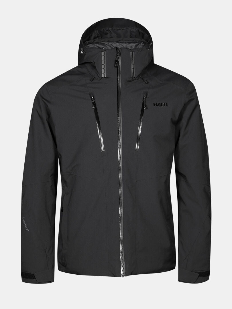 Black waterproof Halti Vertica DX Ski Jacket Men’s with a full-length front zipper and zippered chest pockets.
