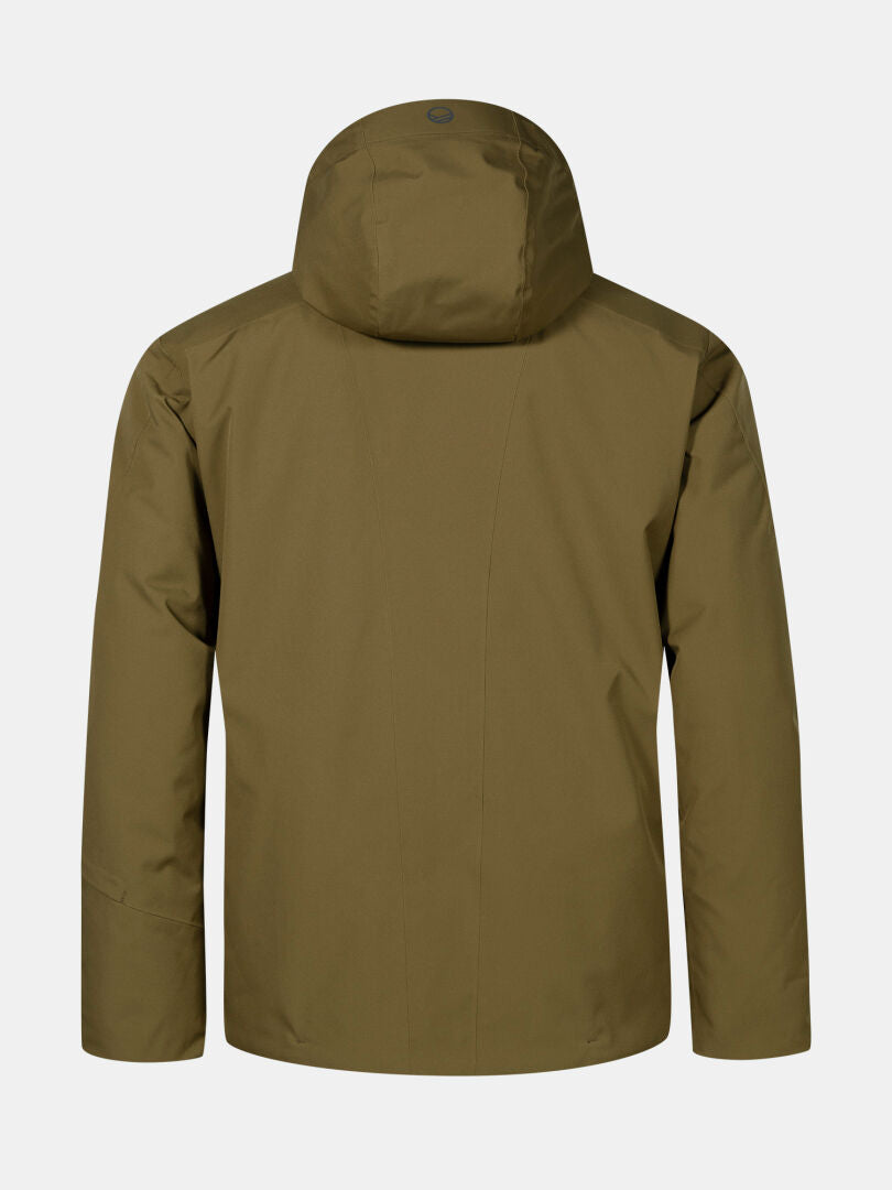 Back view of Halti Vertica DX Men's olive green waterproof ski jacket with hood and long sleeves on white background.