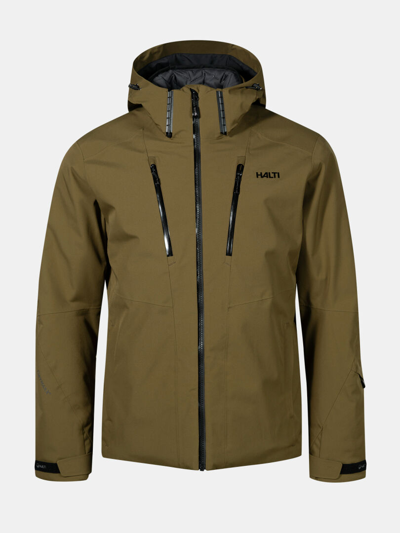 The Vertica DX Ski Jacket Men's by Halti is khaki green, waterproof, with a hood, black zippers, and a chest logo.