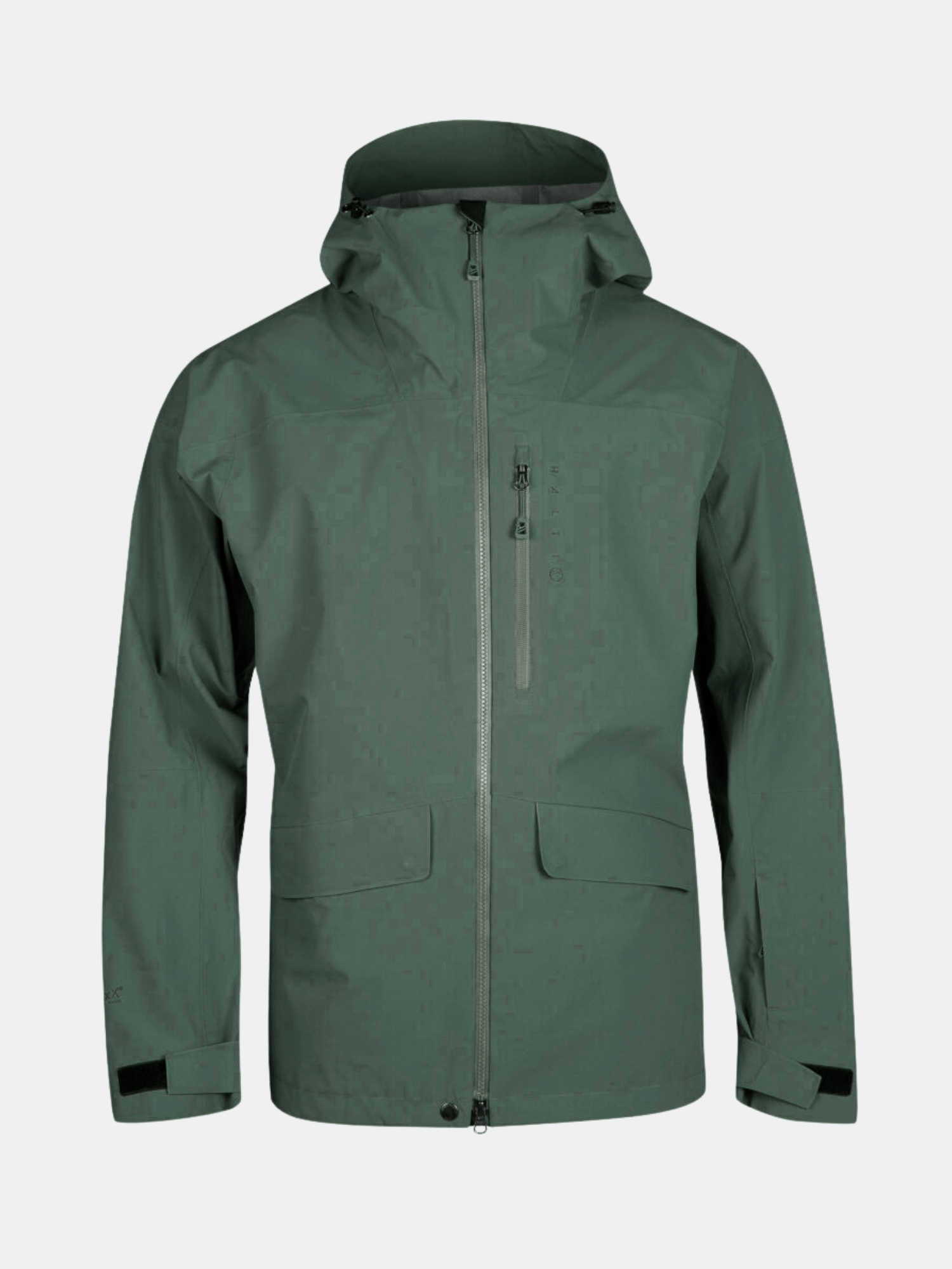 Halti Settler 3L DrymaxX mens hooded jacket: green, waterproof, 2 front pockets, chest zip pocket, adjustable cuffs.