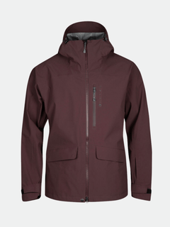 The Halti Settler 3L DrymaxX mens jacket is maroon with a hood, front zip, chest pocket, 2 lower pockets, and adjustable cuffs.