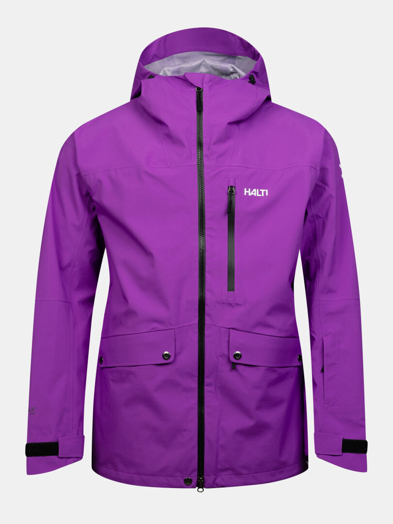 Purple Halti Settler 3L DX Ski Jacket Men’s hooded shell with a zipper, chest pocket, and two snap-button hip pockets.