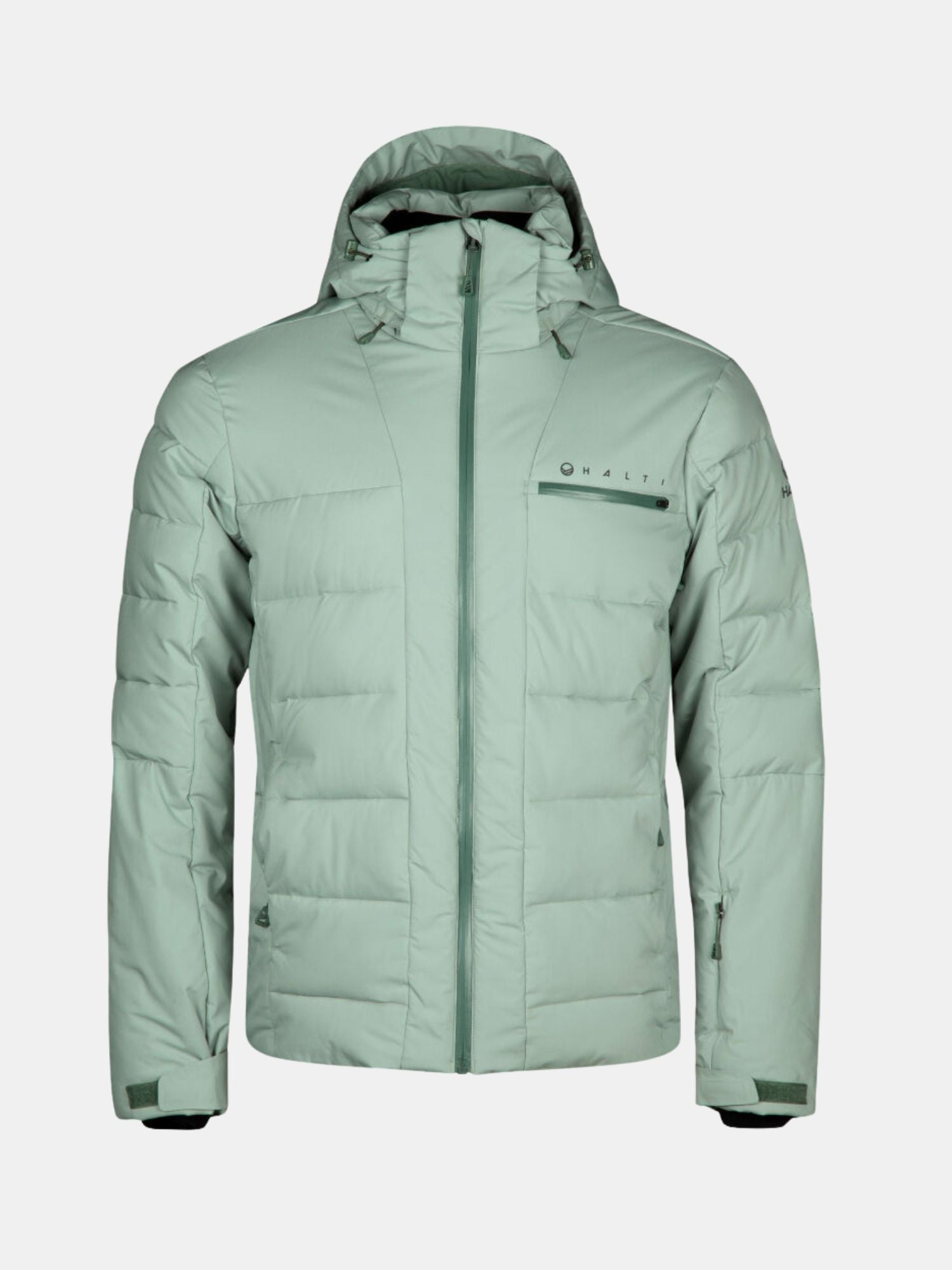 Halti Nordic Lite Ski Jacket Men's in light green with hood, zip front, chest pocket & adjustable cuffs on plain background.
