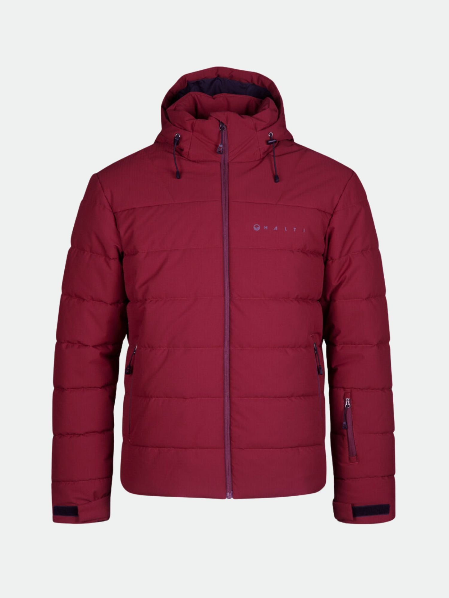 The Halti Mellow Puffer Ski Jacket Men’s in maroon features a hood, front zipper, and adjustable cuffs for winter.
