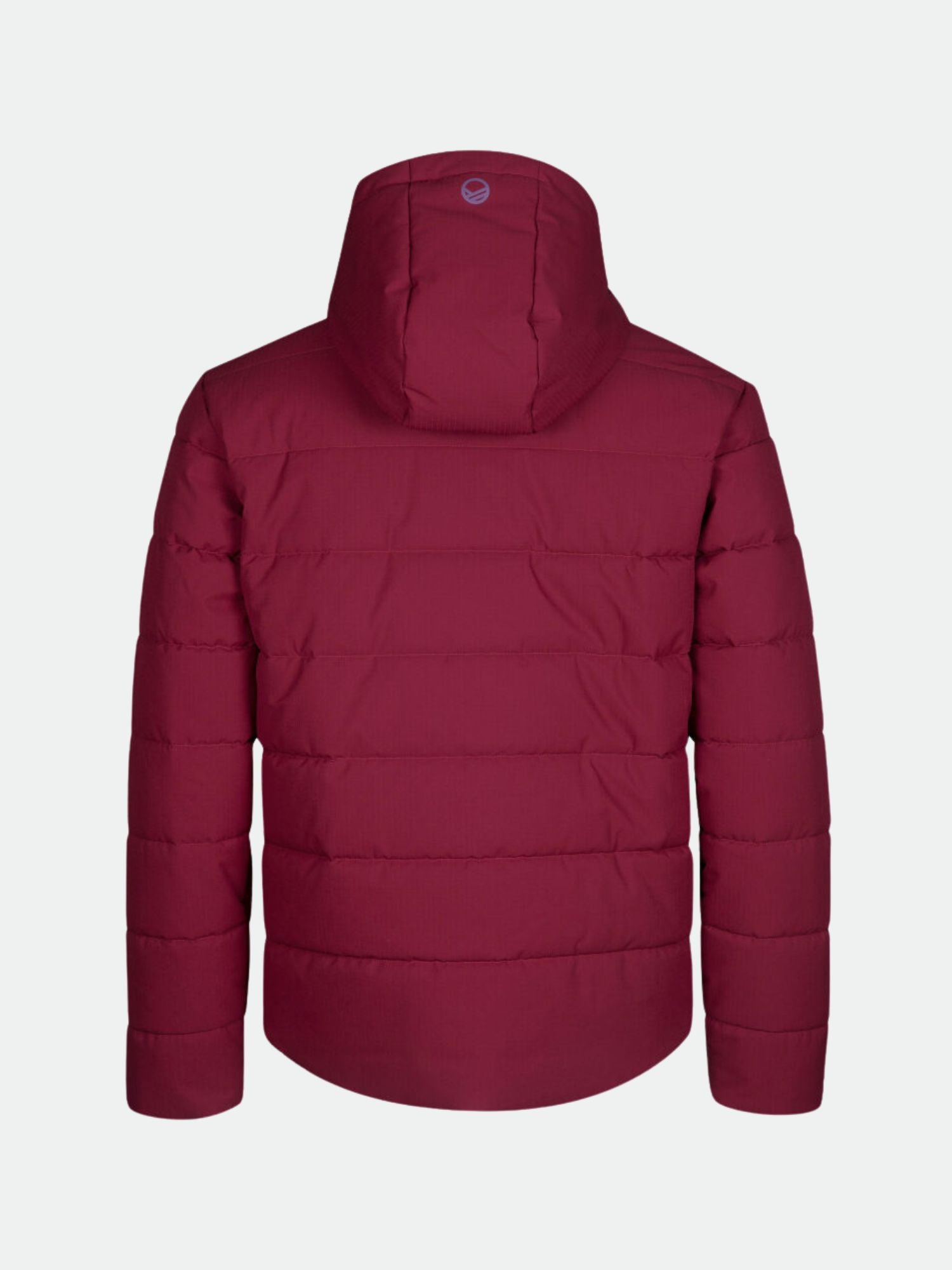The Halti Mellow Puffer Ski Jacket Men's in maroon with a hood, shown from the back on a white background.