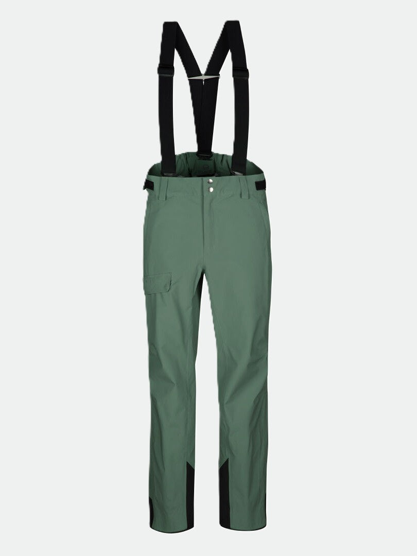 Halti Settler 3L DrymaxX Ski Pants Mens—green, with black suspenders, side pocket & reinforced inner ankles shown.
