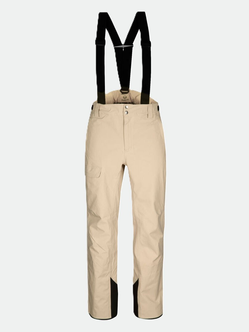 Halti Settler 3L DrymaxX Ski Pants Mens: beige, black suspenders, cargo pocket, reinforced cuffs, breathable shell.