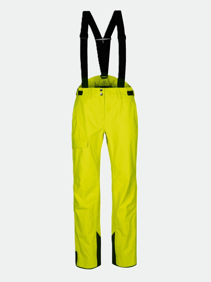 Halti Settler 3L DrymaxX Mens ski pants in yellow with black suspenders, side pocket, and reinforced ankle patches.