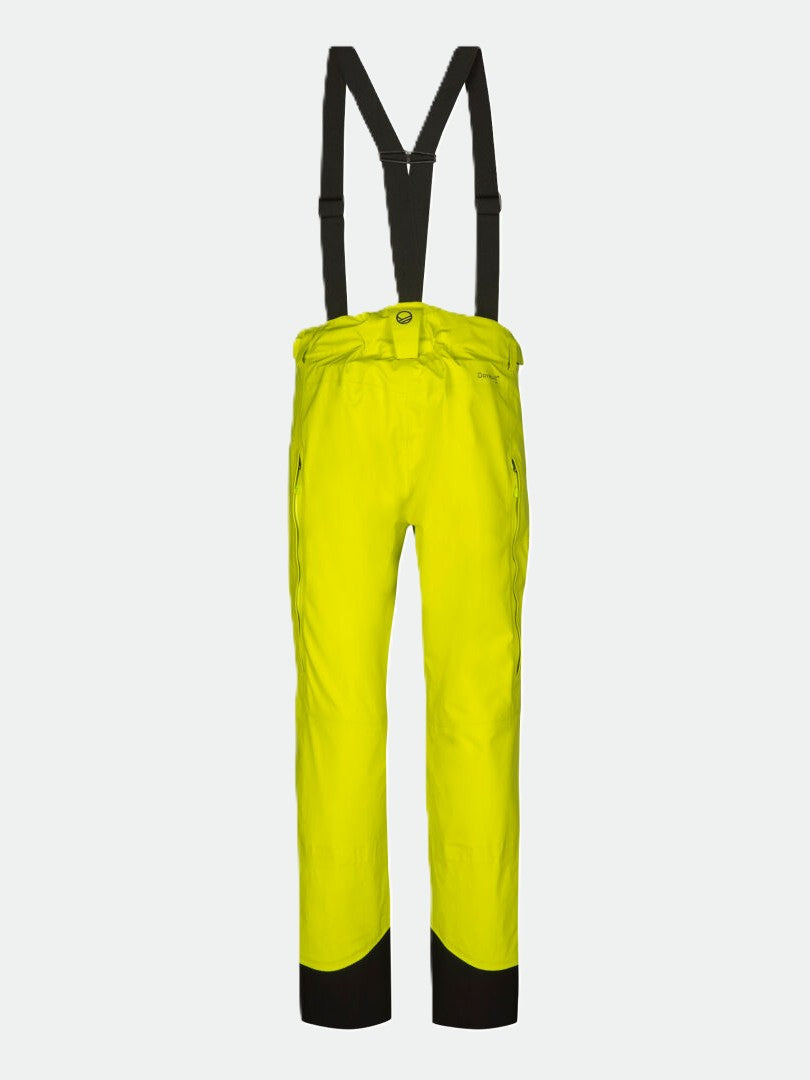 Halti Settler 3L DrymaxX Ski Pants for men in bright yellow, with black suspenders and patches; breathable shell fabric.