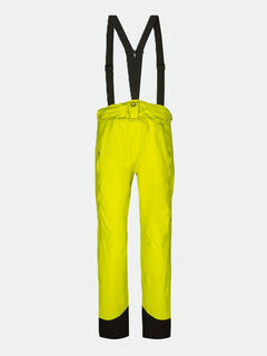 Halti Settler 3L DrymaxX Ski Pants for men in bright yellow, with black suspenders and patches; breathable shell fabric.