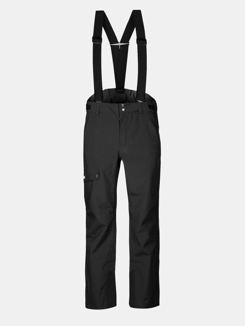 Halti Settler 3L DX Ski Pants Men's, black, with adjustable suspenders and side pocket on a plain light background.