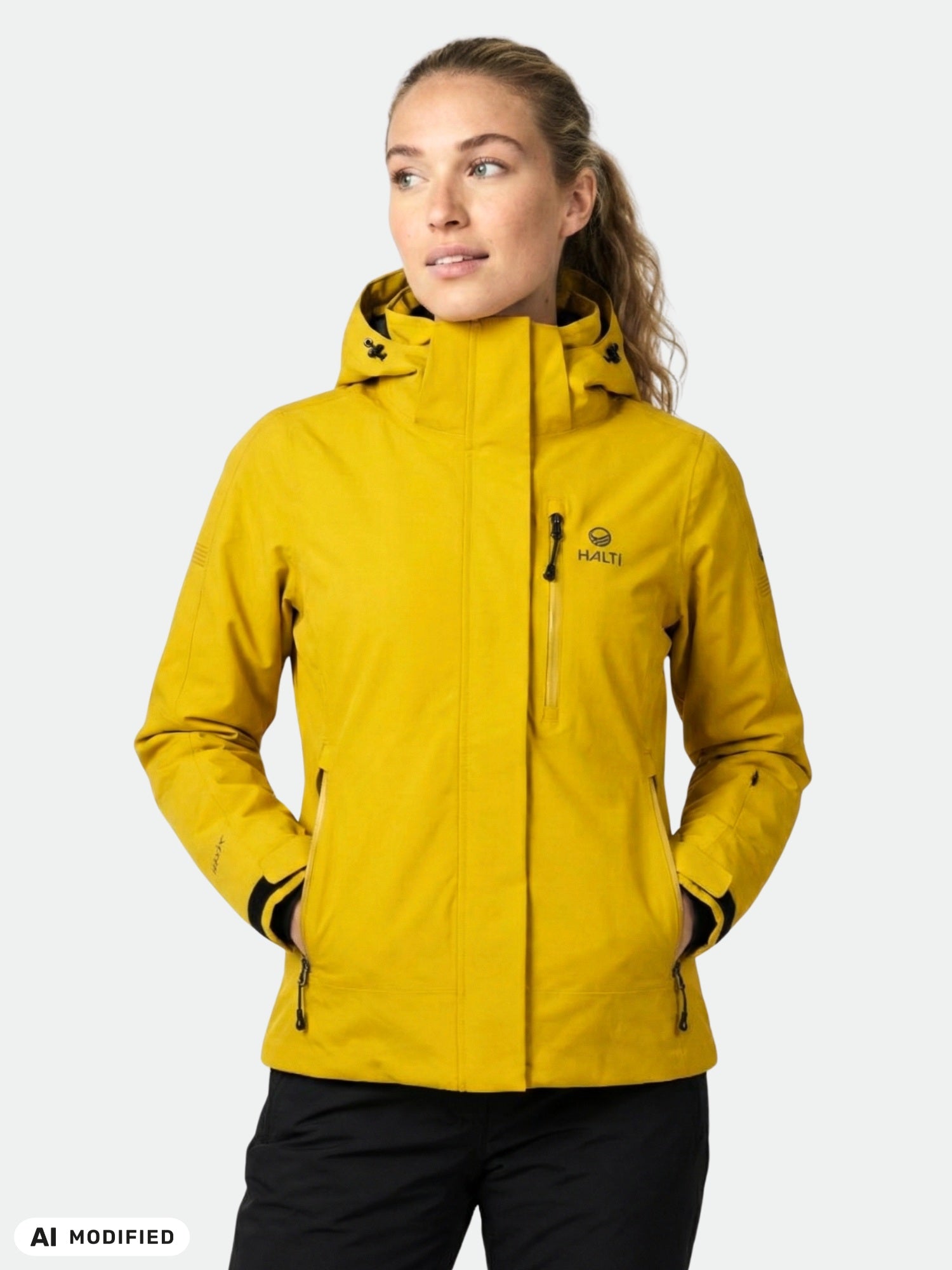 A woman wears the Halti Radius DX Ski Jacket, featuring DrymaxX Ultimate tech, against a plain light background.