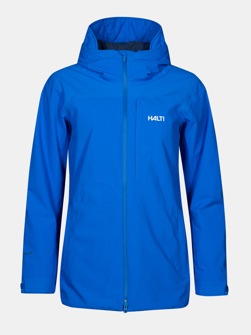 Halti Gracer DX Women's Ski Jacket in bright blue, waterproof, with hood, chest pocket, front zipper, and logo.