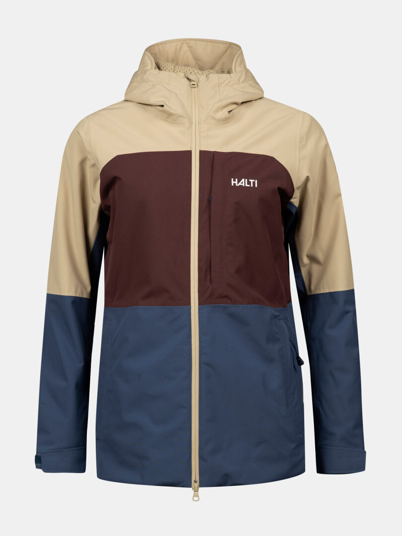The Halti Gracer DX Ski Jacket Women's features color-blocking, a beige hood, maroon chest, blue bottom, and front zip.