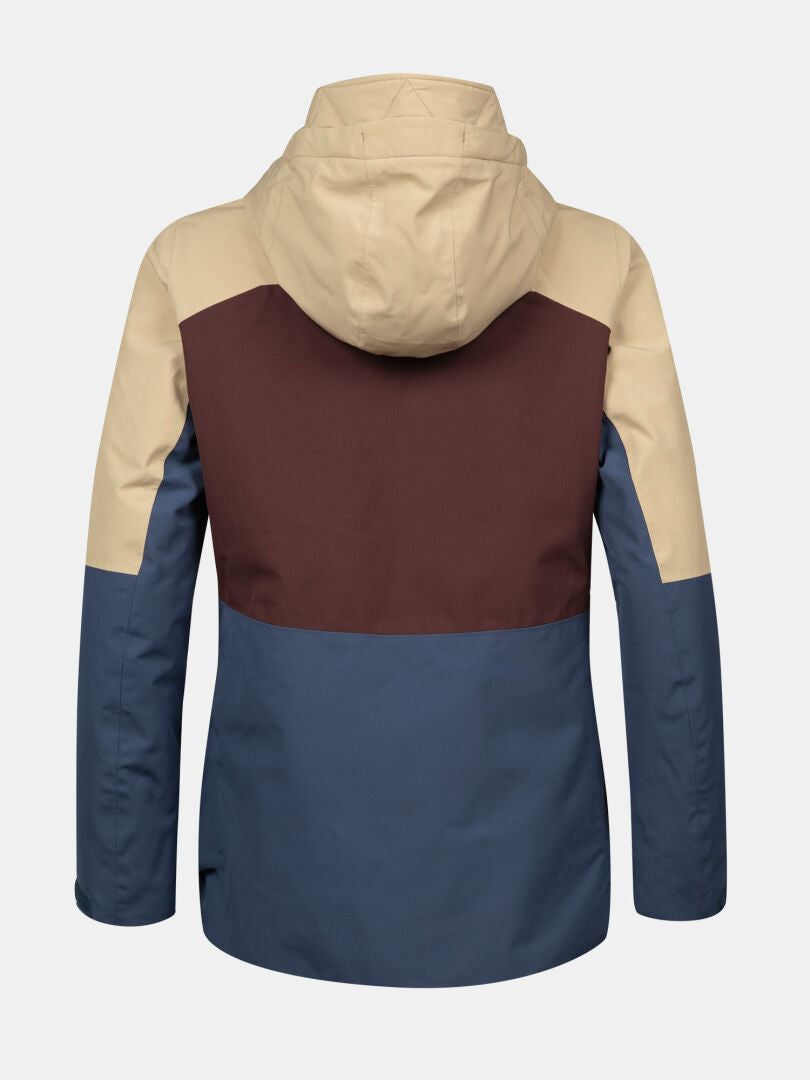 The Halti Gracer DX Women's Ski Jacket features color blocking with a beige hood, brown upper back, and blue sleeves.