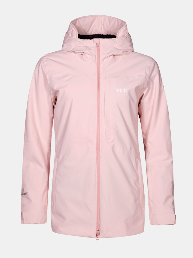 Halti Gracer DX Ski Jacket Women's in light pink with hood, front zipper, and side pockets on a white background.