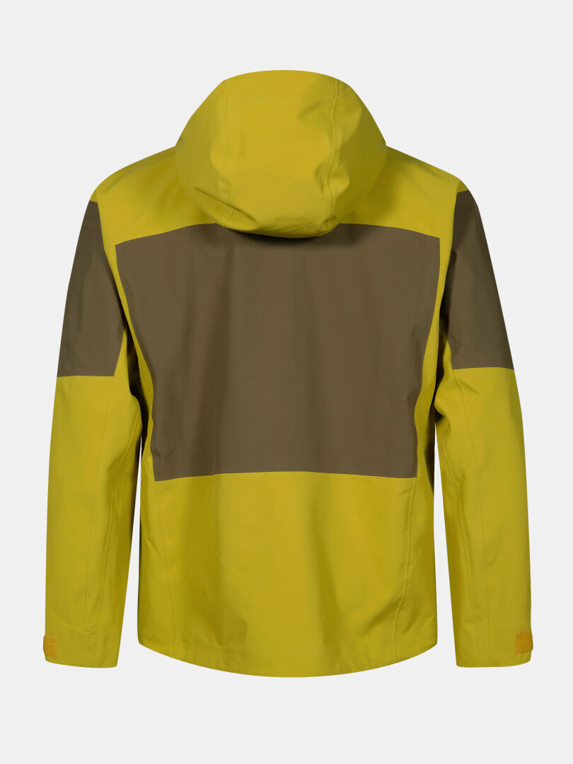 The Halti Rizle 3L DX Ski Jacket Unisex is yellow with olive-green back and shoulder panels, shown from the back.