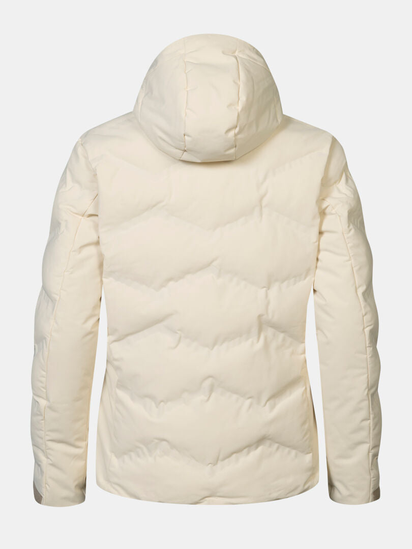 Halti Nordic Arcty II women’s ski jacket in cream, hooded, shown from the back on a plain white background.