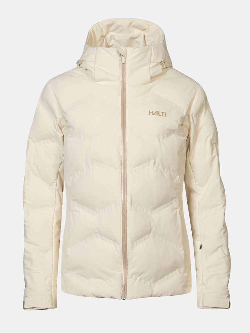 Halti Nordic Arcty II cream ski jacket for women with hood, front zipper, and chest Halti logo.
