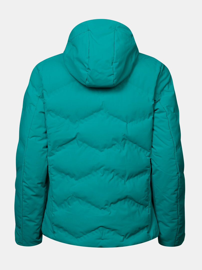 Halti Nordic Arcty II Women’s Ski Jacket in teal, hooded puffer style, shown from the back on plain white.