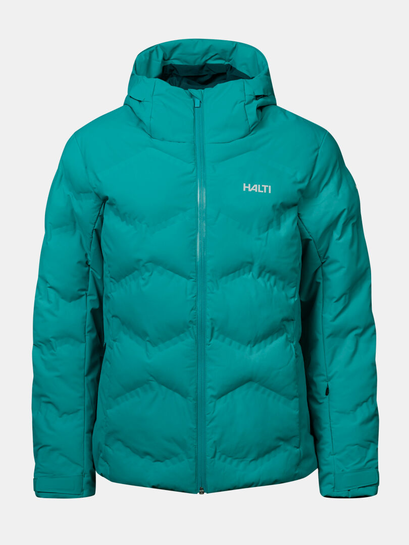 Halti Nordic Arcty II Women’s teal ski jacket: hooded, insulated, waterproof, front zipper, Halti logo on chest.