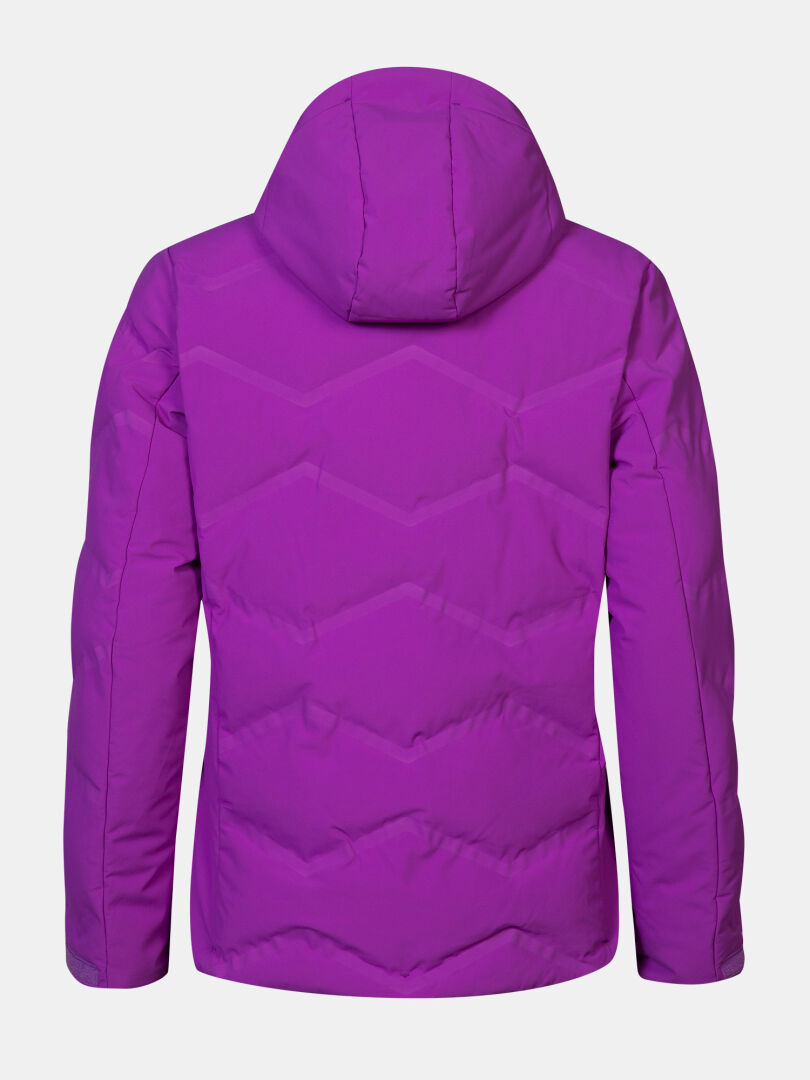 Back view of Halti Nordic Arcty II Women’s Ski Jacket with zigzag stitching and hood, on a plain white background.