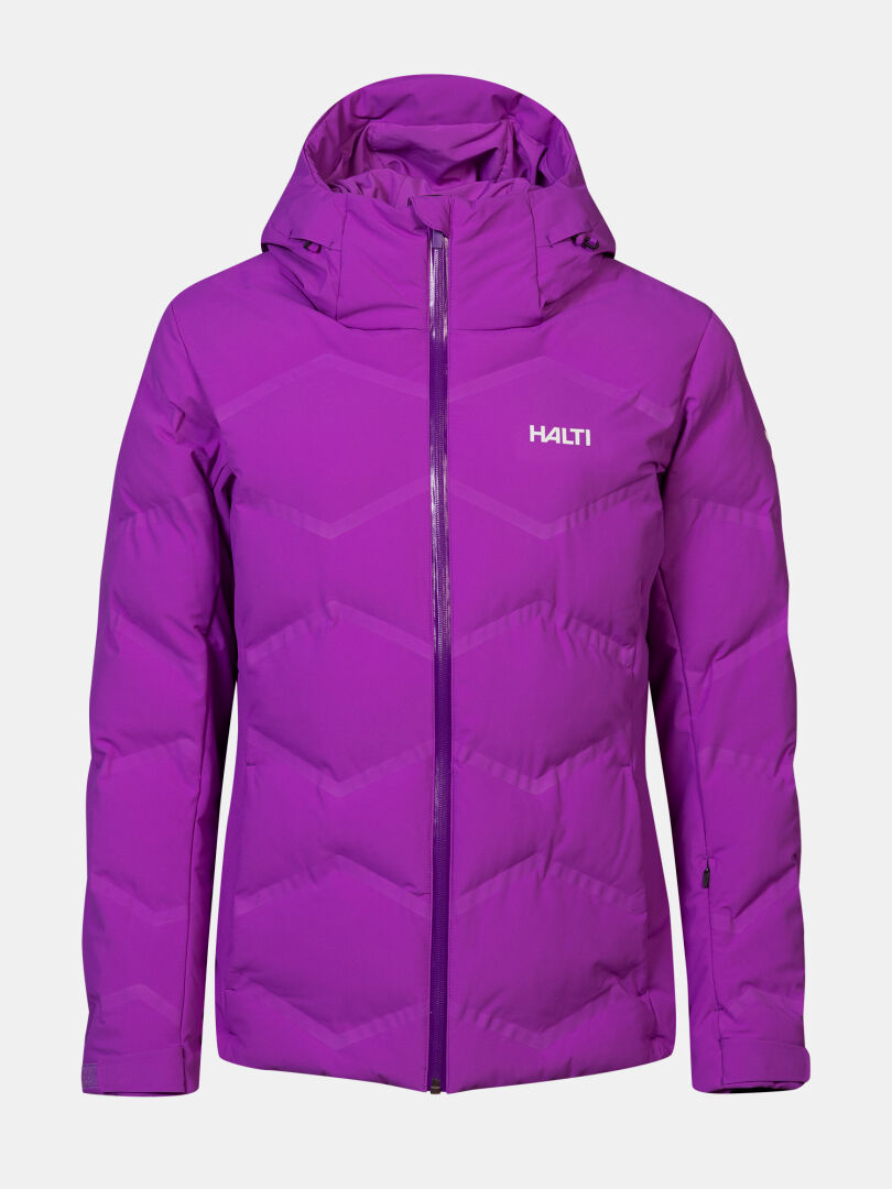 Halti Nordic Arcty II women’s ski jacket in purple, insulated with hood, front zipper, and logo on left chest.