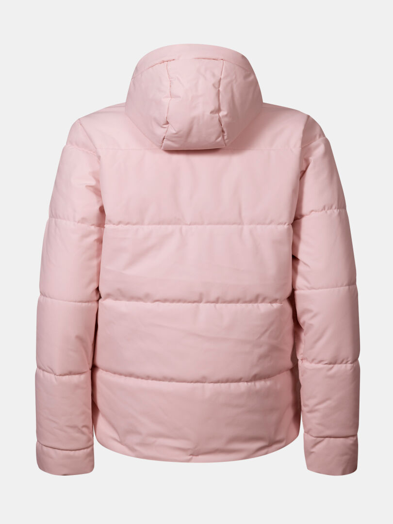 Halti Ascale Puffer Ski Jacket for women in light pink with hood, back view on a plain white background.