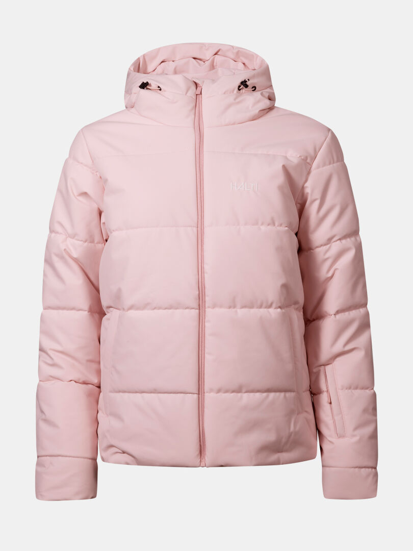 Halti Ascale Puffer Ski Jacket for women in light pink, hooded and waterproof with zipper and side pockets.