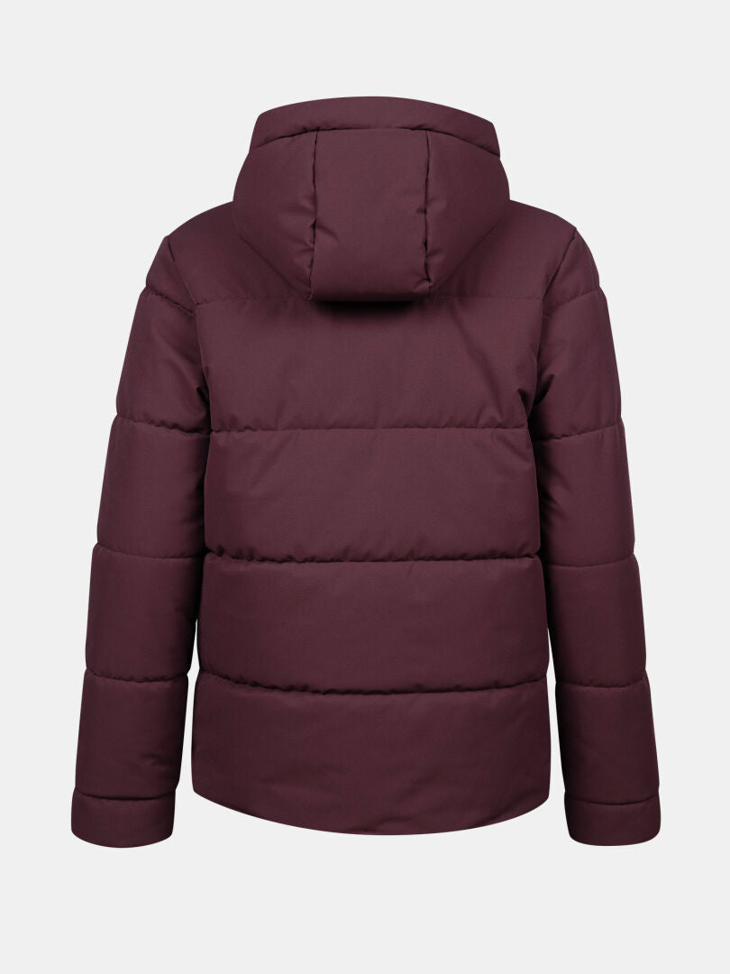 The Halti Ascale Plus Puffer Ski Jacket for women in maroon, plus-size, with a hood, shown from the back on white.