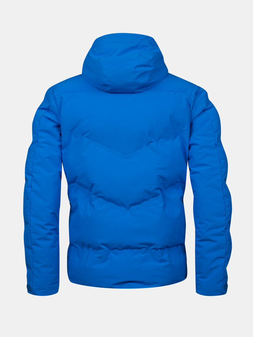 The Halti Nordic Arcty II Men’s Ski Jacket in bright blue with a hood, shown from the back on a white background.