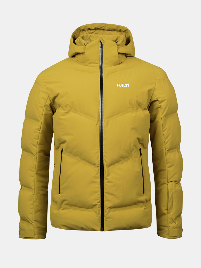 Stay warm on the slopes in the Halti Nordic Arcty II Ski Jacket Men's—yellow, black zips, logo, and Arcty insulation.