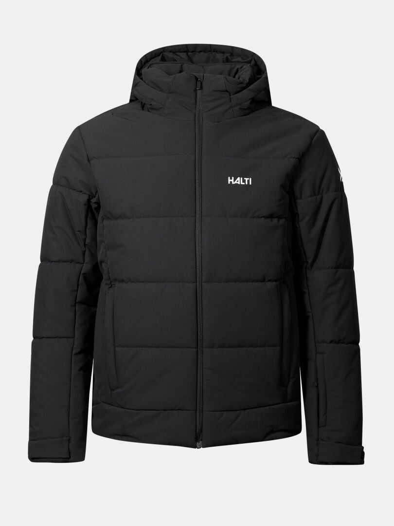Halti Ascale Puffer Ski Jacket Men's—black, insulated, hooded, front zipper, with HALTI logo on left chest.