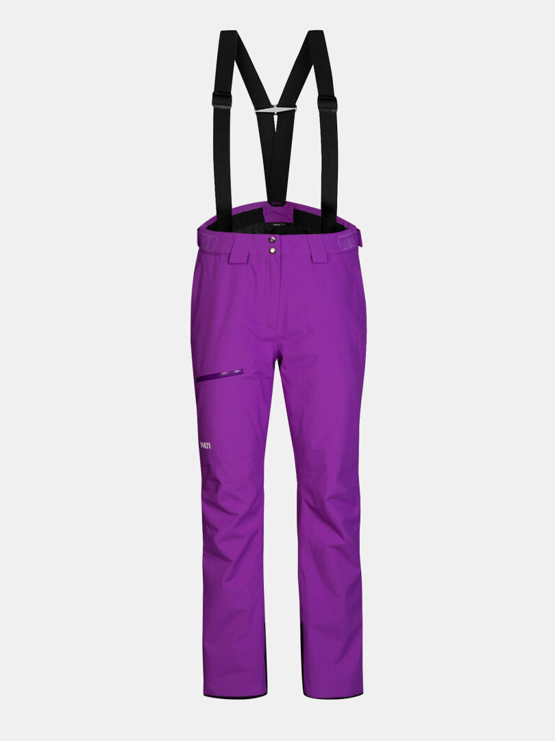Purple Halti Carvey II DX Ski Pants for women with detachable black suspenders and a zippered thigh pocket.