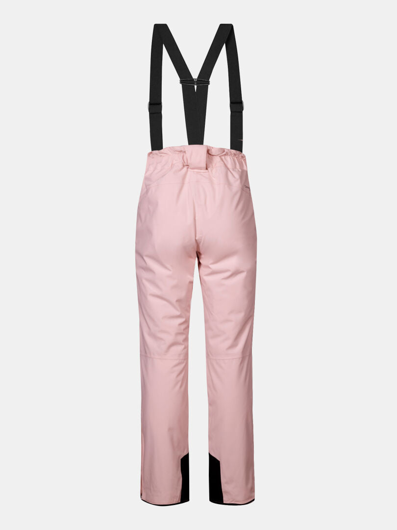 Halti Glades II DX Women's ski pants in light pink with suspenders and black reinforced patches, shown from the back.