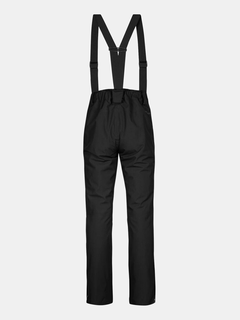 Halti Glades II DX Women's ski pants in black with adjustable suspenders, back view on a white background.