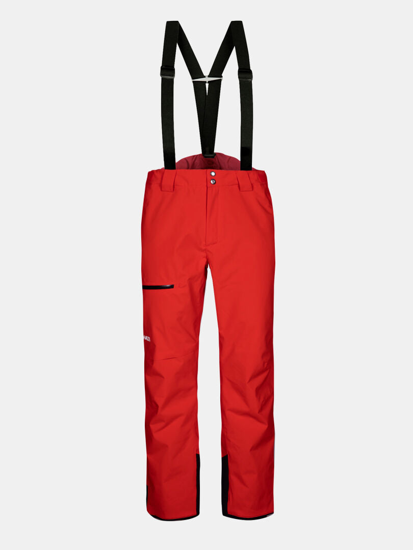 Halti Carvey II DX Men's ski pants in red with black suspenders, front zipper, snap closure, and right zip pocket.