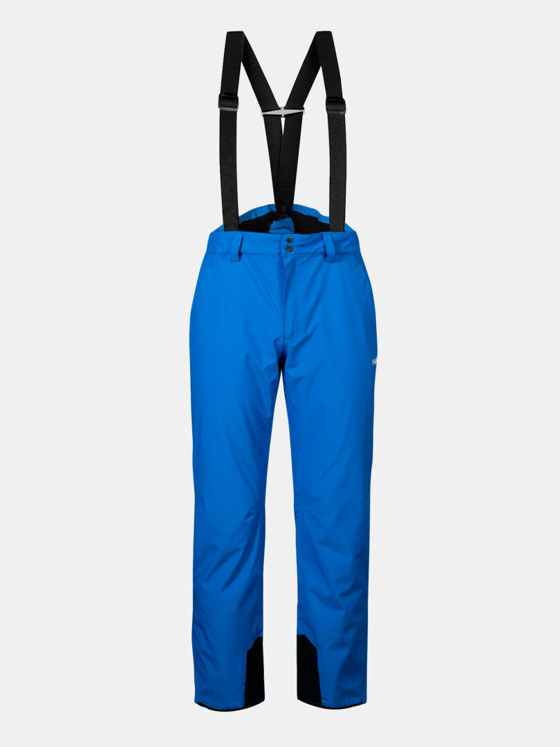 Halti Glades II DX Men's Ski Pants: bright blue, black suspenders, front buttons, reinforced black ankle cuffs.