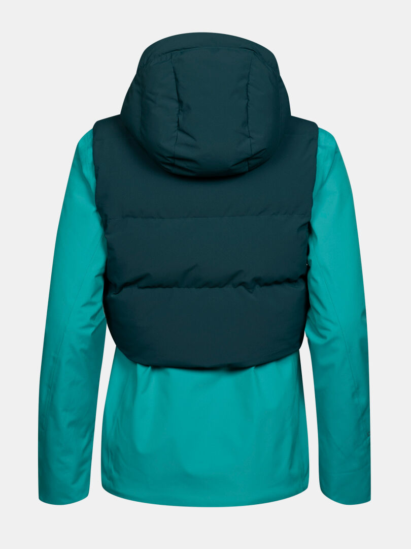 Back view of a Halti Varion 2in1 DX Ski Jacket Women’s in teal with a dark teal quilted vest overlay and a hood.