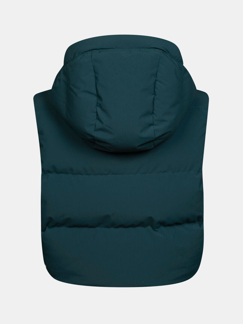 Back view of a dark teal Halti Varion 2in1 DX Ski Jacket women’s hooded vest with PrimaLoft insulation.