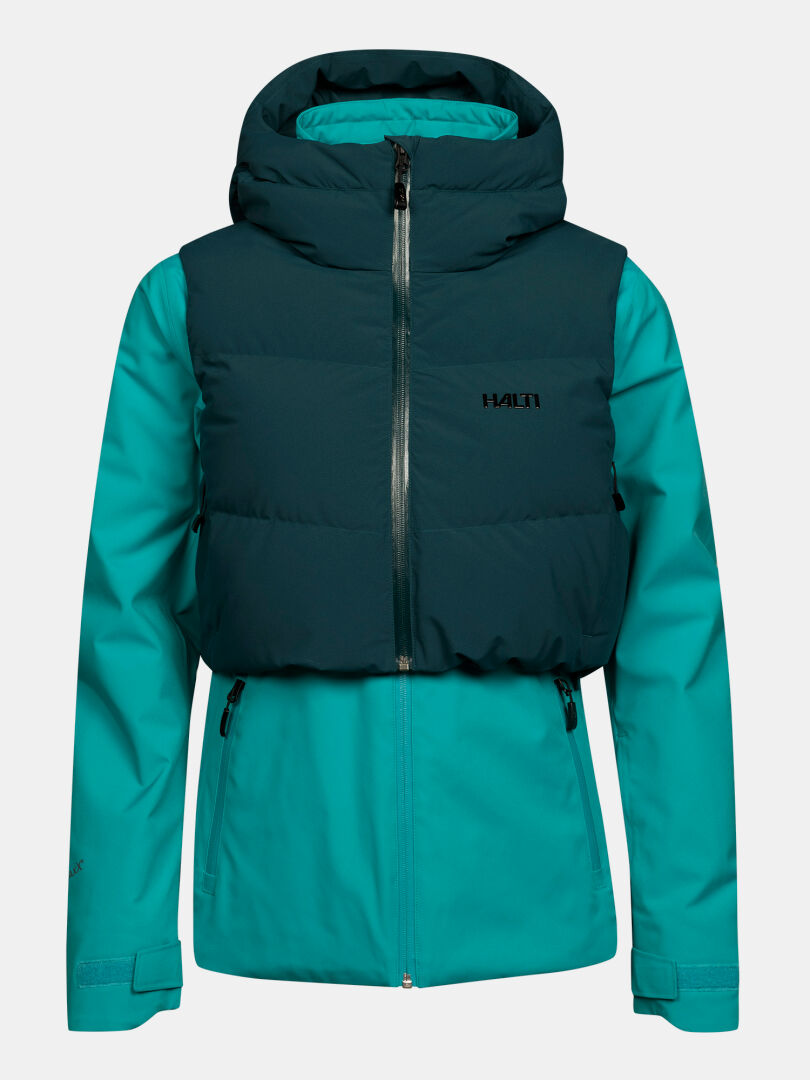 Teal Halti Varion 2in1 DX Ski Jacket Women’s with a dark teal insulated vest layer over the chest.