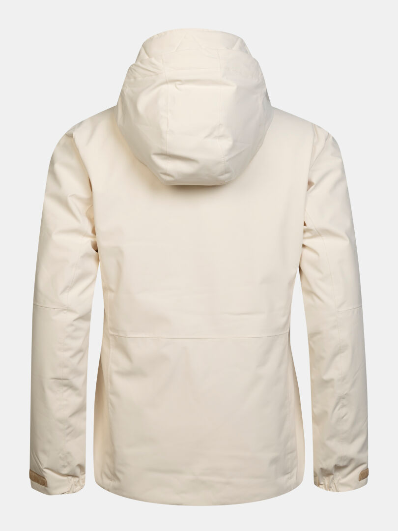 Back view of a cream-colored Halti Melvik DX Ski Jacket Women’s with a hood.