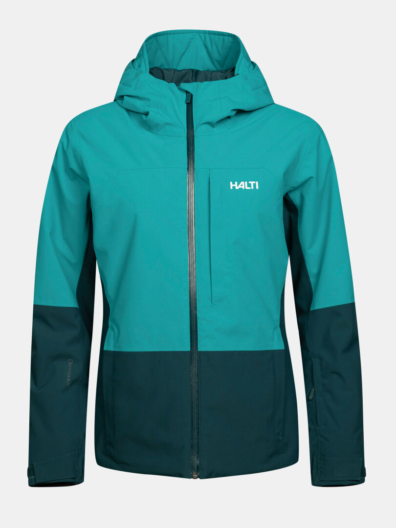 Two-toned teal Halti Melvik DX Ski Jacket Women’s with a zippered chest pocket and a central front zipper.