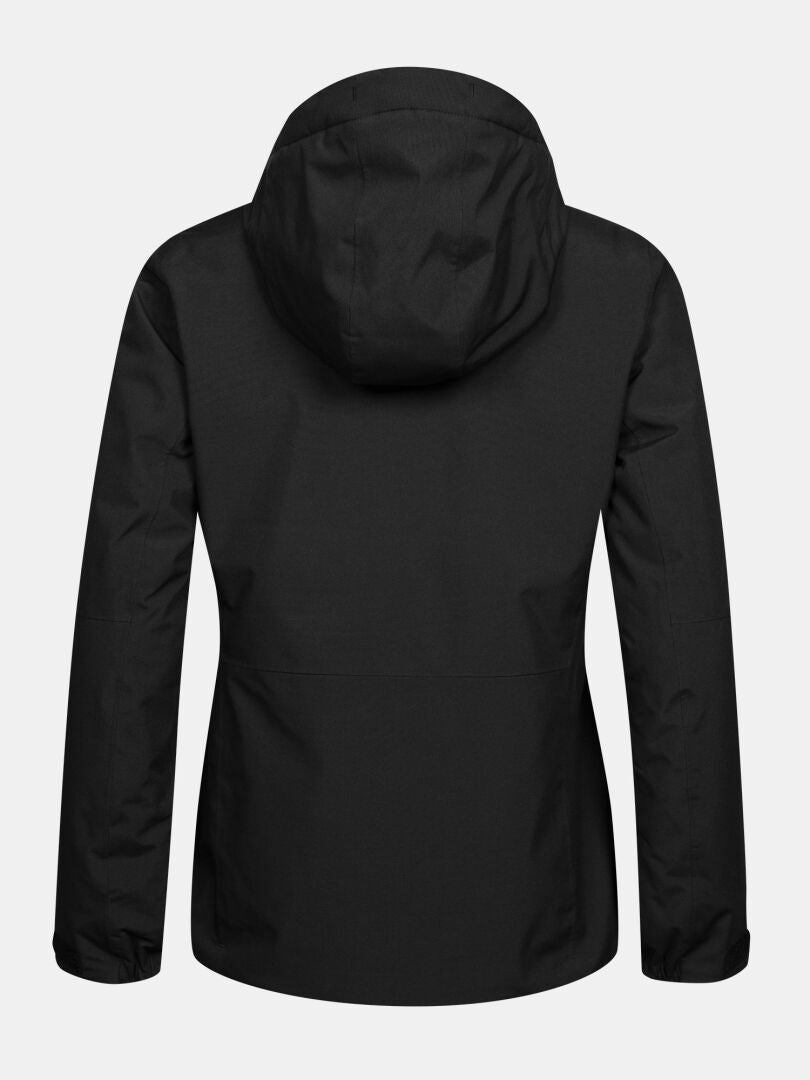 Back view of a black, insulated Melvik DX Ski Jacket Women’s with a hood.