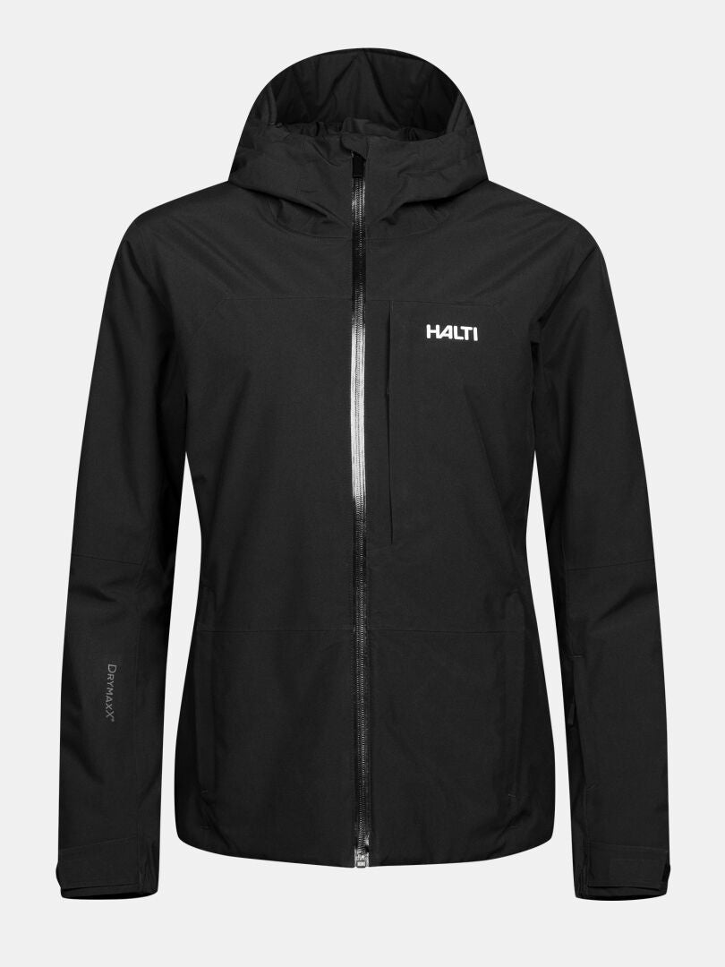 Black Halti Melvik DX Ski Jacket Women’s featuring an insulated hood, front zipper, and chest pocket.