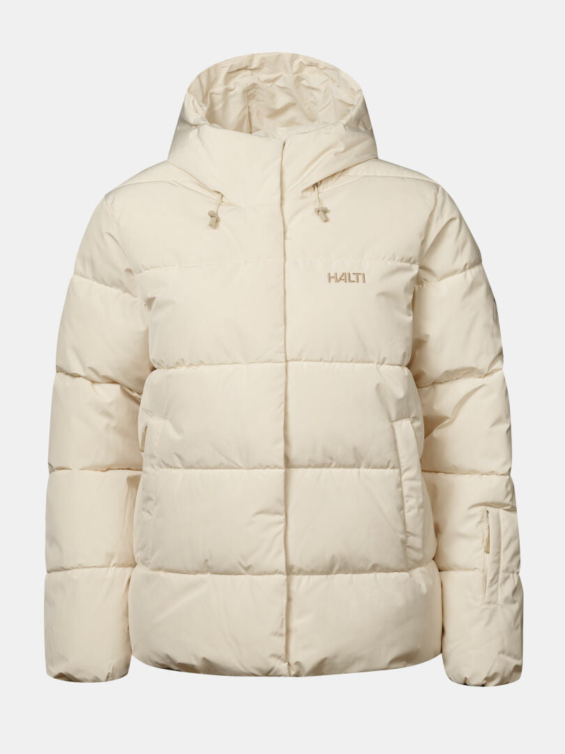 Halti Ascloud Puffer Ski Jacket for women, cream, insulated with hood and front zip, logo on chest.