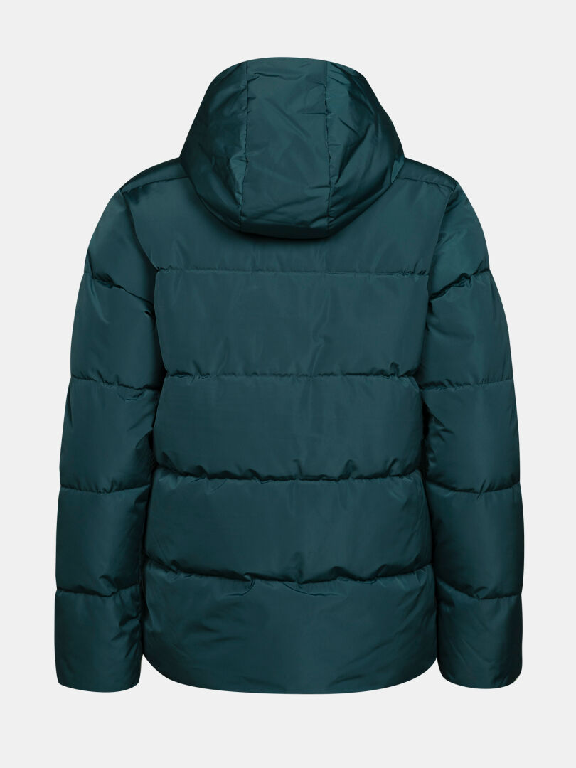 Halti Ascloud Puffer Ski Jacket for women in dark green with hood, insulated for winter warmth; back view on white.