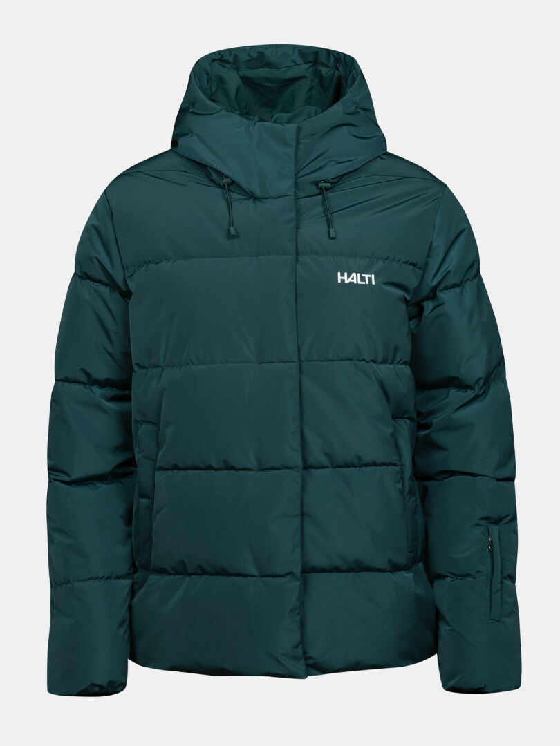 Halti Ascloud Puffer Ski Jacket for women in dark green with hood, front pockets, and logo on chest, plain background.